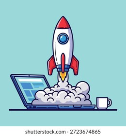 A cartoon rocket taking off from a laptop, symbolizing business startup, innovation, and digital success, with a coffee cup nearby.