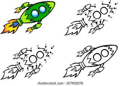Cartoon rocket. Vector illustration. Coloring and dot to dot educational game for kids