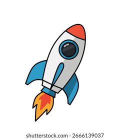 Cartoon rocket vector illustration with flame trail, representing space travel and exploration, isolated on dark background