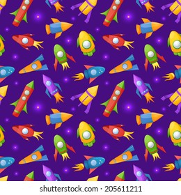 Cartoon rockets 3D vector dark seamless pattern