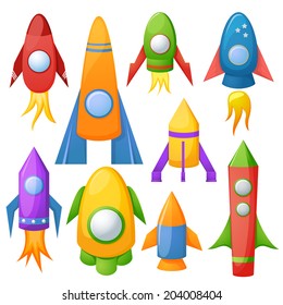 Cartoon rockets 3D vector illustration set isolated on background