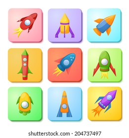 Cartoon rockets 3D vector illustration set, collection of rectangular icons