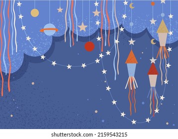 Cartoon rockets and celestial objects in garland. Cute astronomical shapes, space, heavenly bodies. Rockets, aircrafts as holiday decoration. Design elements for children party in space style