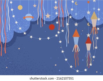 Cohetes de dibujos animados y objetos celestes en la guirnalda. Formas astronómicas, espacio, cuerpos celestiales. Cohetes, aviones como decoración de vacaciones. Elementos de diseño para grupos infantiles con estilo de espacio