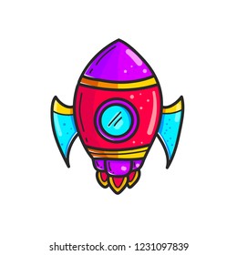 Cartoon rockets hand drawn color icon. Cute space shuttle clipart. Doodle spaceship. Spacecraft sticker. Space exploration. Cosmic illustration. Isolated vector design element
