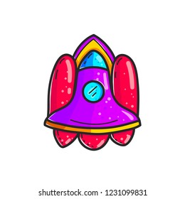 Cartoon rockets hand drawn color icon. Cute space shuttle clipart. Doodle spaceship. Spacecraft sticker. Space exploration. Cosmic illustration. Isolated vector design element