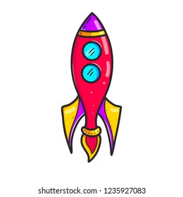 Cartoon rockets hand drawn color icon. Cute space shuttle clipart. Doodle spaceship. Spacecraft sticker. Space exploration. Cosmic illustration. Isolated vector design element