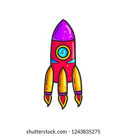 Cartoon rockets hand drawn color icon. Cute space shuttle clipart. Doodle spaceship. Spacecraft sticker. Space exploration. Cosmic illustration. Isolated vector design element