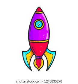 Cartoon rockets hand drawn color icon. Cute space shuttle clipart. Doodle spaceship. Spacecraft sticker. Space exploration. Cosmic illustration. Isolated vector design element
