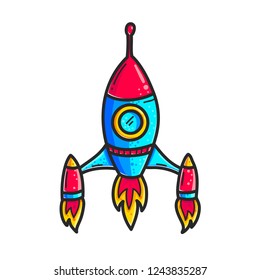Cartoon rockets hand drawn color icon. Cute space shuttle clipart. Doodle spaceship. Spacecraft sticker. Space exploration. Cosmic illustration. Isolated vector design element