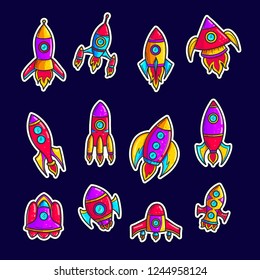 Cartoon rockets hand drawn color patches set. Cute space shuttles cliparts. Doodle spaceships. Spacecraft stickers. Space exploration. Cosmic illustrations collection. Isolated vector design elements