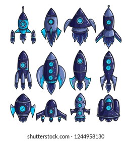 Cartoon rockets hand drawn icons set. Cute space shuttles cliparts. Doodle spaceships. Spacecraft stickers. Space exploration. Cosmic illustrations collection. Isolated vector design elements