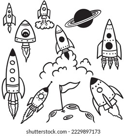 Cartoon rockets hand drawn icons set. Cute space, rockets doodle illustrations.