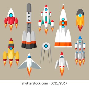 Cartoon rockets icons. Vector futuristic space ships set