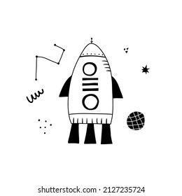 Cartoon rockets poster with abstract shapes in hand drawn style. Outline hand drawing. Perfect for t-shirt, apparel, cards, poster, nursery decoration. Isolated on white