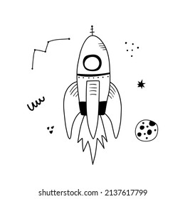 Cartoon rockets poster with abstract shapes in hand drawn style. Outline hand drawing. Perfect for t-shirt, apparel, cards, poster, nursery decoration. Isolated on white background vector illustration