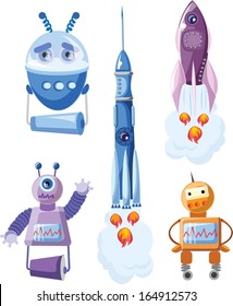 Cartoon rockets and robots, vector set