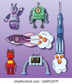 Cartoon rockets and robots, vector set