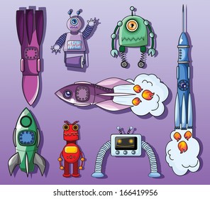 Cartoon rockets and robots, vector set 