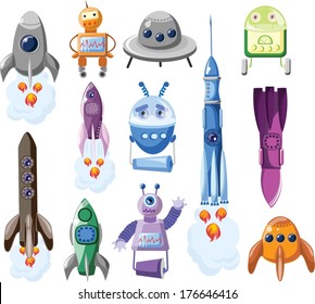 Cartoon rockets and robots, vector set