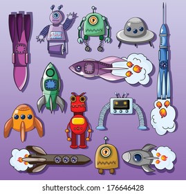 Cartoon rockets and robots, vector set