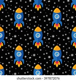 Cartoon rockets in the space, seamless vector illustration