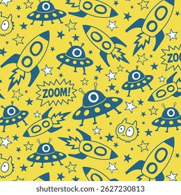 Cartoon Rockets UFOs Estrelas Padrão Sem Costura