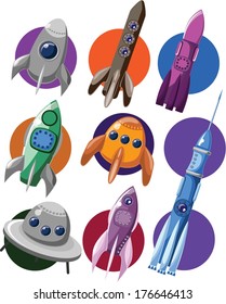 Cartoon rockets, vector set 