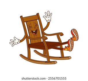 Cartoon rocking chair groovy furniture character full of life and joy, featuring a smiling face and sneakers. Isolated vector retro home interior item, vintage furnishing personage evokes funky vibe