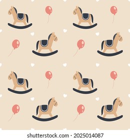 Cartoon Rocking horse and Balloon Seamless Pattern. Design for decorating, wallpaper, wrapping paper, fabric.