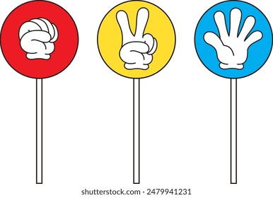 Cartoon rock-paper-scissors plate illustration set