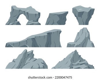 Cartoon rocks, gray gravel stones, heavy mountain rock. Cobblestones and boulders, stones pile flat vector illustrations set. Rock stones collection