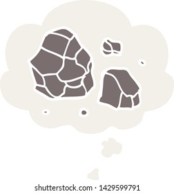 piedras de dibujos animados con burbuja de pensamiento en estilo retro