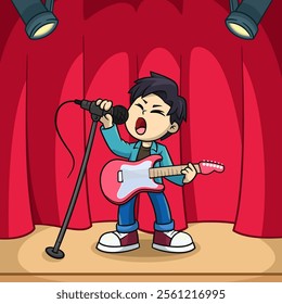 Cartoon Rockstar Singing and Playing Guitar on Stage