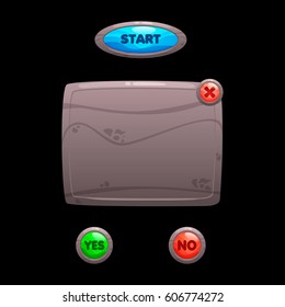 Cartoon rocky game user interface, vector assets for mobile gui design isolated on dark background. Glossy blue, green and red buttons in stone frame.