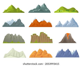 Cartoon rocky mountain top, snowy peak, stone cliff. Mountains ridges in various shapes, volcano, canyon, nature landscape element vector set. Hiking or climbing concept, having extreme expedition