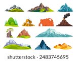 Cartoon rocky mountains. Snowy mountain top, mount relief brown hills canyon relief outdoor rock cliff peak nature elements green forest hill stones, ingenious vector illustration