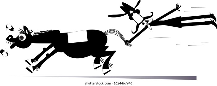 Cartoon rodeo illustration. Man or cowboy catches a running horse by horsetail black on white 
