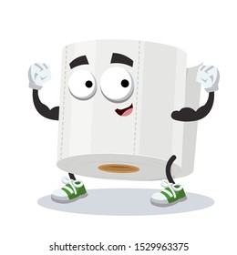 cartoon roll of white toilet paper mascot shows its strength on a white background