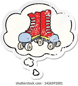 cartoon roller boots with thought bubble as a distressed worn sticker