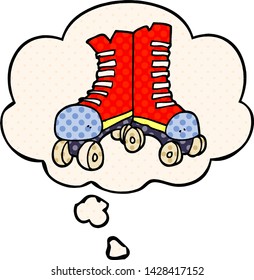 cartoon roller boots with thought bubble in comic book style