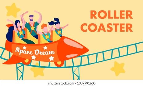 Cartoon Rollercoaster In Amusement Park. Flat Invitation Card Happy Satisfied Family Riding On Roller Coaster Scary. Space Dream Scared Funny Entertainment For Parents And Children Vector Illustration