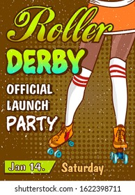 Cartoon Rollerscate Derby Advertising Poster. Retro background with shoes and shoes
