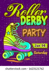 Cartoon Rollerscate Derby Advertising Poster. Retro background with shoes