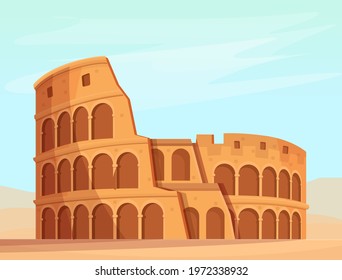 Cartoon Roman Colosseum On Nature Background, Vector Illustration