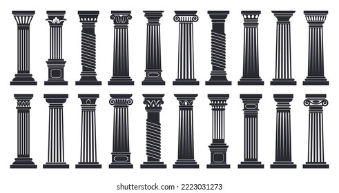 Cartoon roman columns, doric and corinthian architecture order silhouettes. Greek classic columns, black ancient temple columns flat vector illustration set. Antique colonnade silhouette