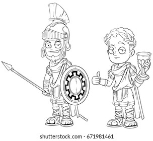 Cartoon roman emperor soldier with spear black and white character vector set for coloring