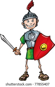 Cartoon Roman legionary with sword and shield. Isolated on white