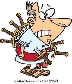 cartoon Roman man with many swords sticking out of him