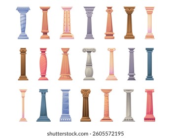 Cartoon roman pillars. Ancient marble stone columns, antique palace old rome greek architecture carving pillar for medieval temple facade decoration set, swanky vector illustration